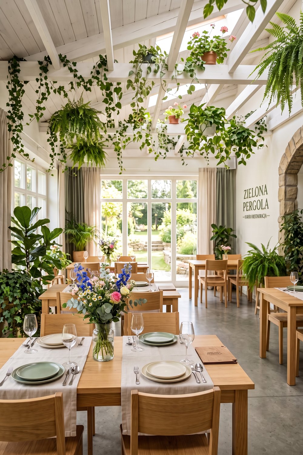 Świetliste wnętrze restauracji pełne świeżych kwiatów i zieleni