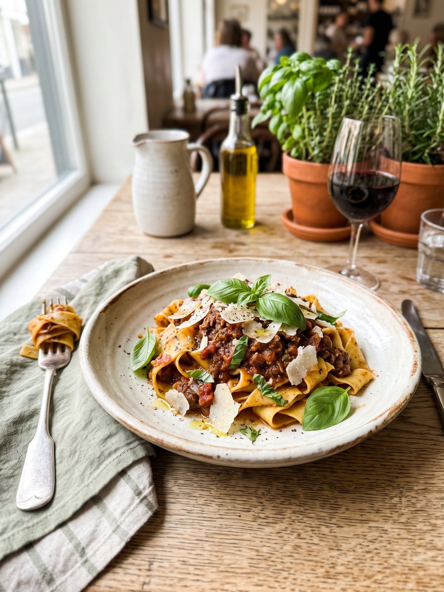 Makaron pappardelle z sosem i świeżą bazylią