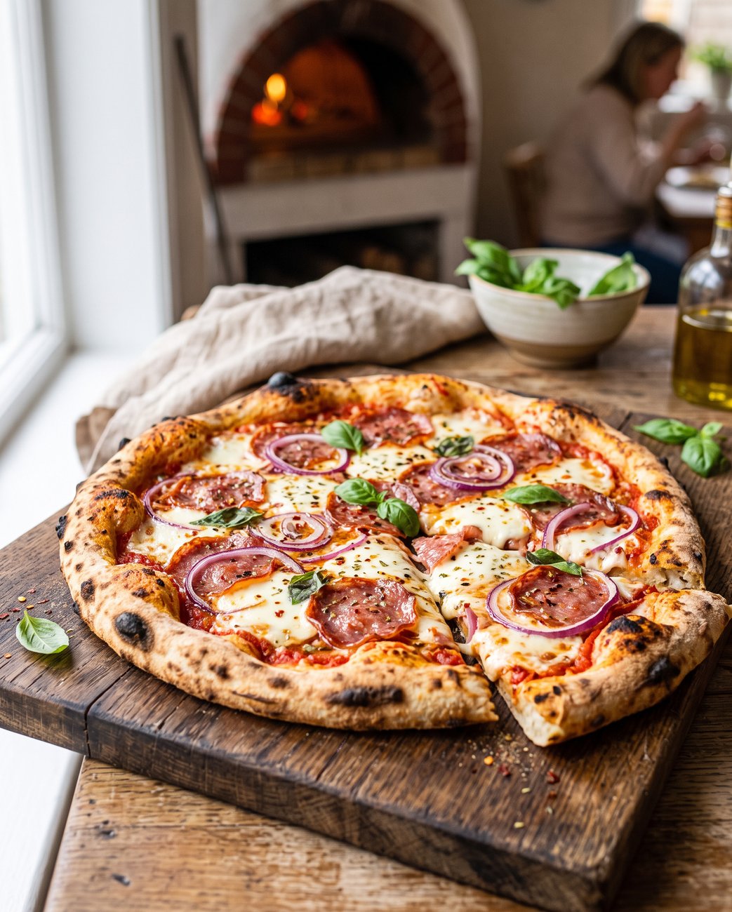 Pizza z salami i czerwoną cebulą