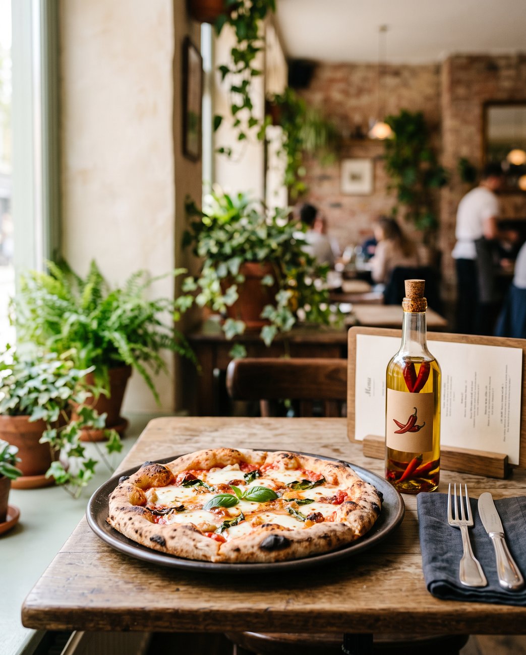 Pizza podana przy stole w Restauracji, obok oliwa i karta menu